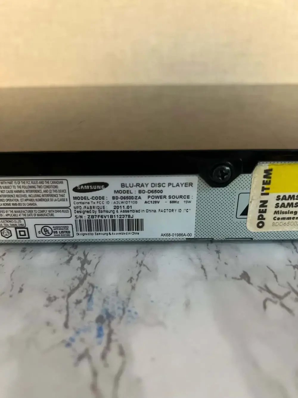 Samsung BD-D6500 3D Blu-ray Disc Player ( no remote)